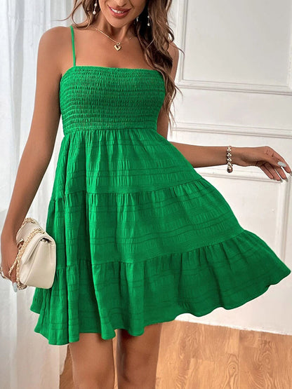 Elasticated Waist High Waisted Pleated Solid Color Split-Joint Spaghetti-Neck Mini Dresses