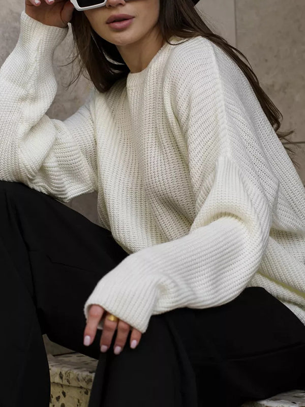 Long Sleeves Loose Solid Color Split-Joint Round-Neck Sweater Tops