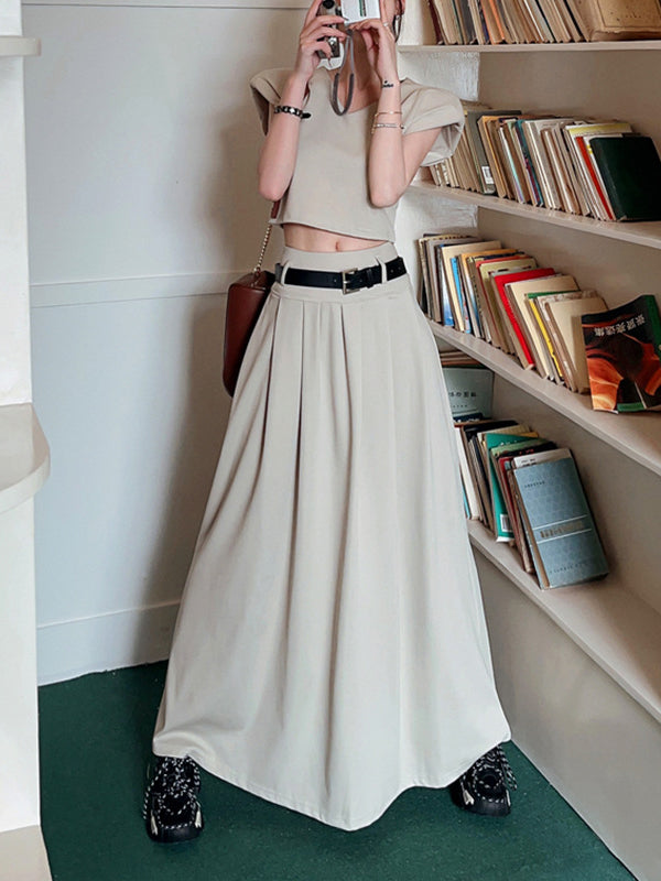 A-Line High Waisted Belted Pleated Solid Color Skirts Bottoms