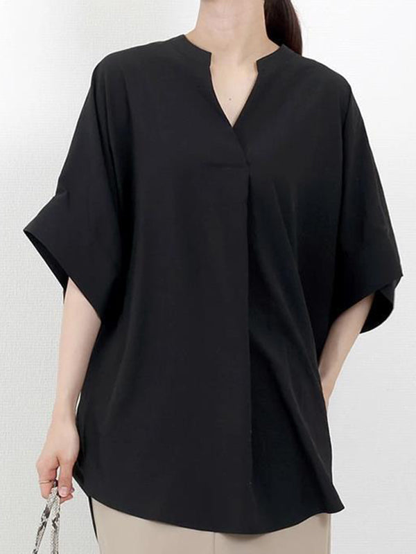 Half Sleeves High-Low Pleated Solid Color Split-Joint V-Neck Blouses&Shirts Tops