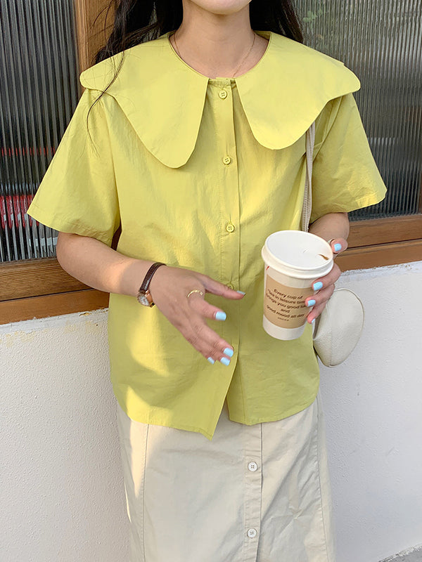 Loose Short Sleeves Solid Color Split-Joint Peter Pan Collar Blouses&Shirts Tops