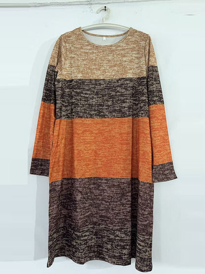 Long Sleeves Loose Contrast Color Printed Split-Joint Round-Neck Midi Dresses