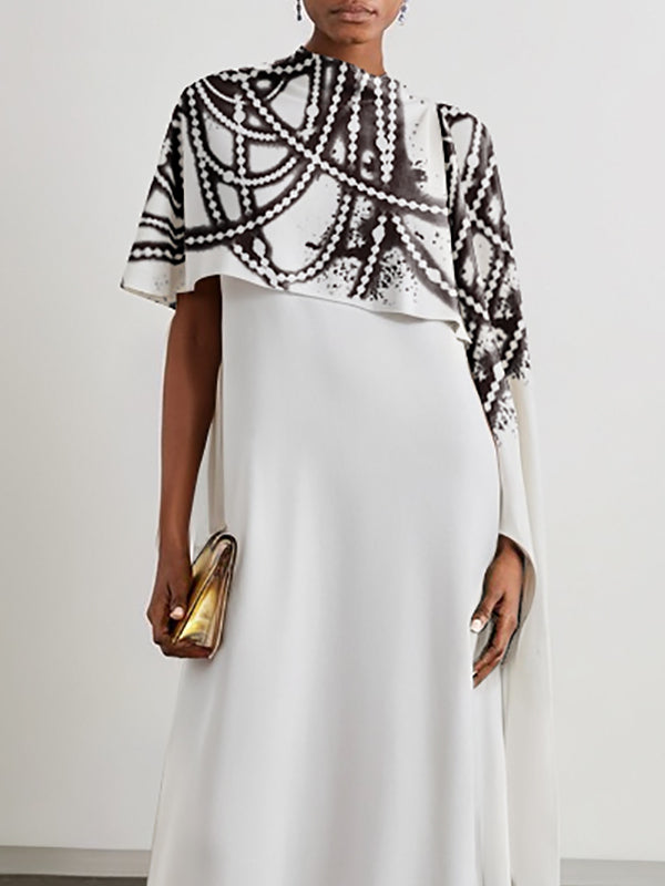 A-Line Capelet Contrast Color Printed Mock Neck Maxi Dresses