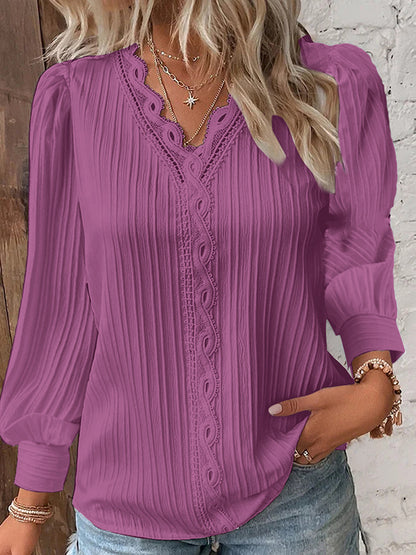 Long Sleeves Loose Hollow Solid Color V-Neck T-Shirts