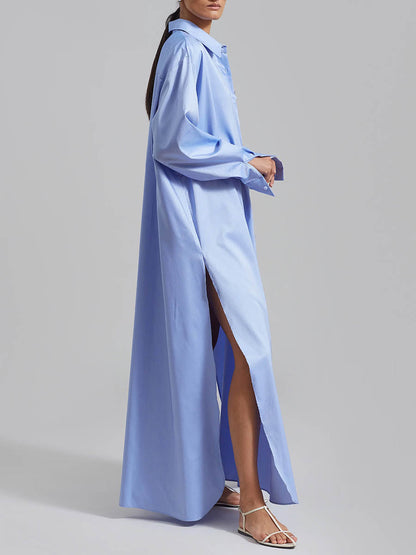 Long Sleeves Loose Buttoned Pockets Solid Color Split-Joint Split-Side Lapel Maxi Dresses Shirt Dress