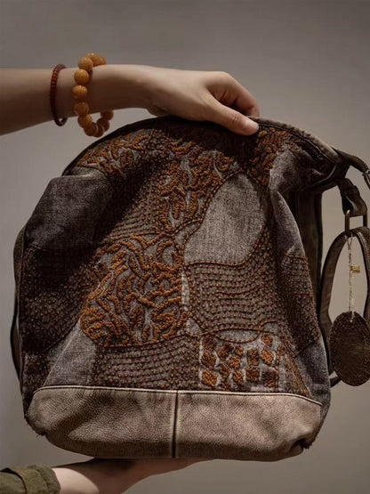 Vintage Embroidery Spliced Leather Crossbody Bag