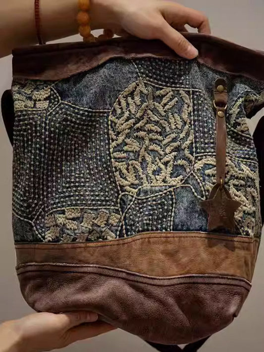 Leather Spliced Ethnic Embroidered Crossbody Bag