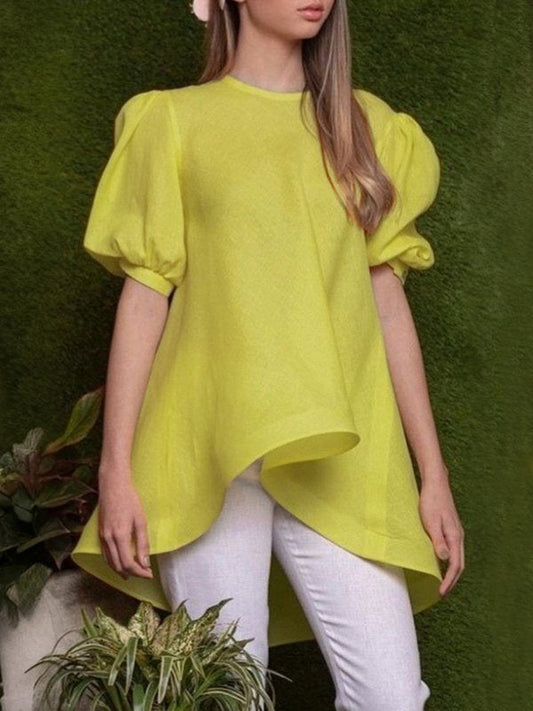 High-Low Loose Pleated Solid Color Round-Neck Blouses&Shirts Tops