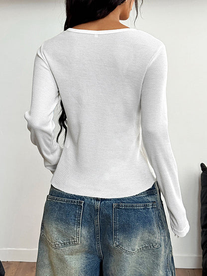 Long Sleeves Skinny Buttoned Solid Color Round-Neck Blouses&Shirts Tops