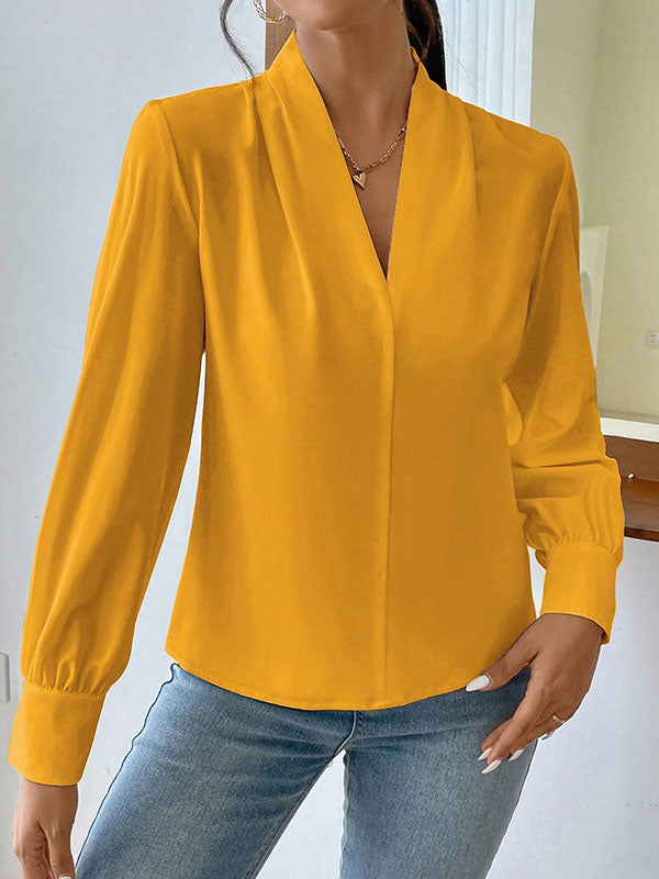 Long Sleeves Loose Pleated Solid Color Split-Joint V-Neck Blouses&Shirts Tops