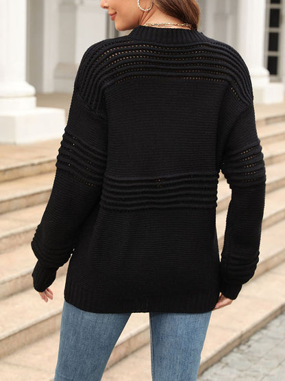 Long Sleeves Loose Hollow Solid Color Round-Neck Knitwear Pullovers Sweater Tops