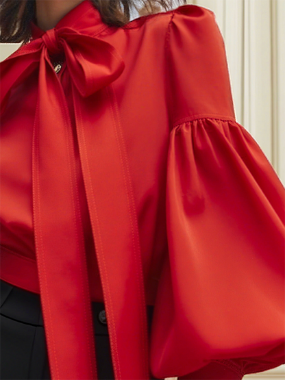 Puff Sleeves Bowknot Solid Color Stand Collar Blouses&Shirts Tops