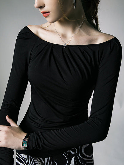 Long Sleeves Skinny Asymmetric Pleated Solid Color One-Shoulder T-Shirts Tops