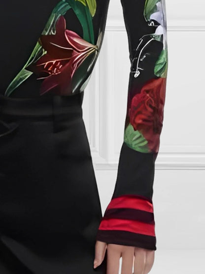 Long Sleeves Skinny Floral Printed Split-Joint High Neck T-shirts