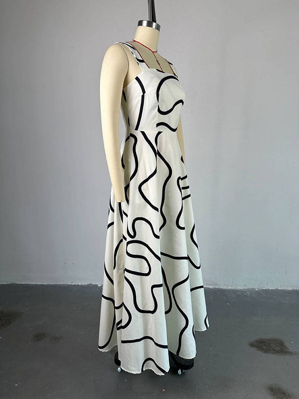 A-Line High Waisted Pockets Printed Split-Joint Spaghetti-Neck Maxi Dresses