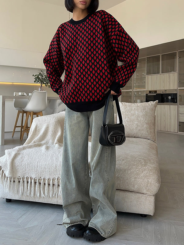 Long Sleeves Loose Pleated Split-Joint Round-Neck Sweater Tops