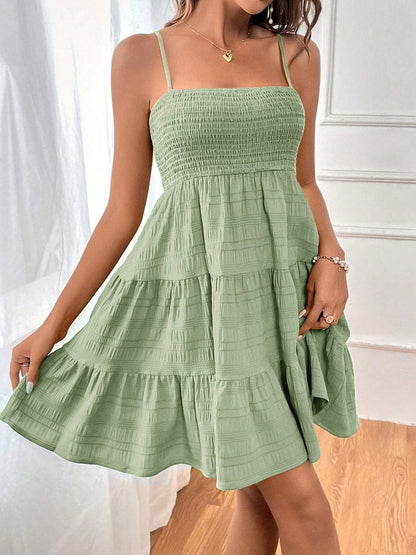 Elasticated Waist High Waisted Pleated Solid Color Split-Joint Spaghetti-Neck Mini Dresses