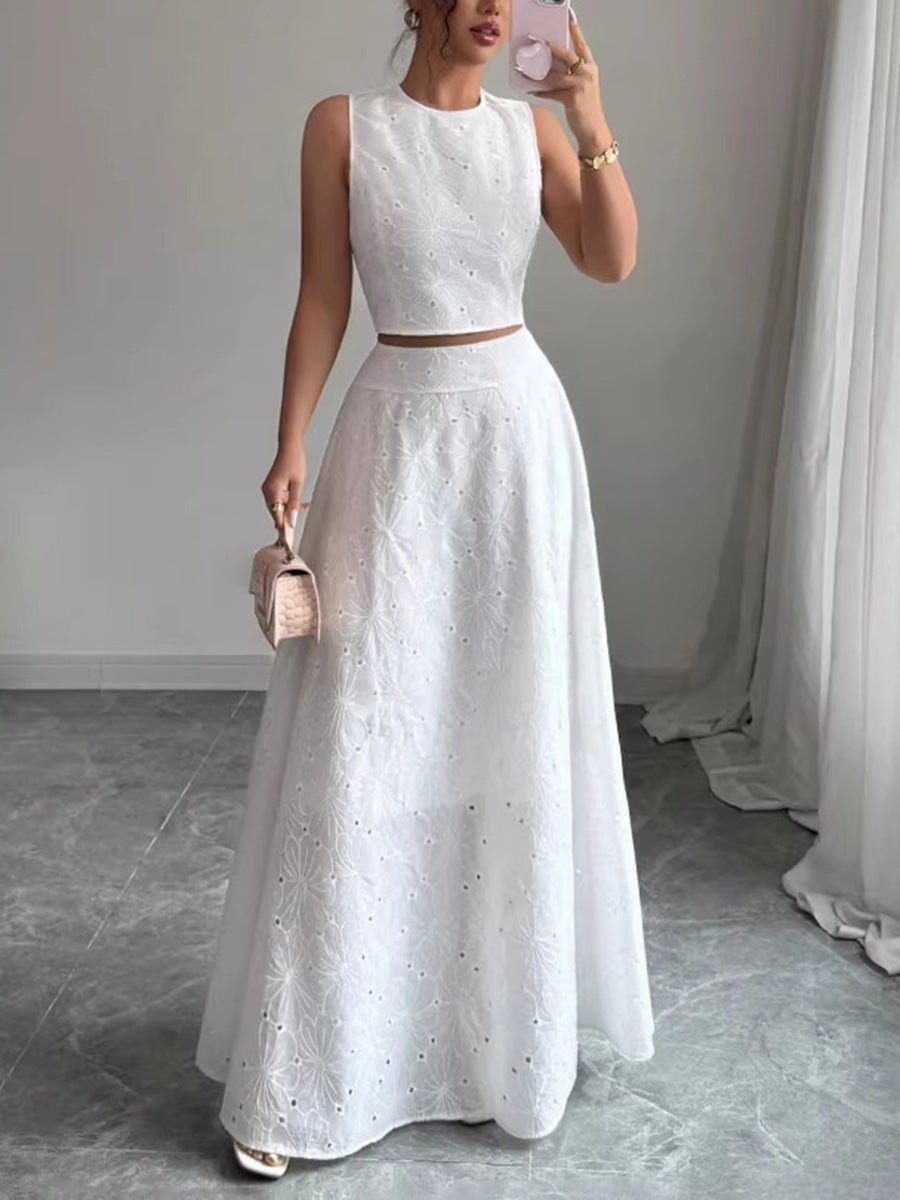 Cropped Embroidered Hollow Solid Color Tank Tops + High Waisted Skirts Bottoms Two Pieces Set