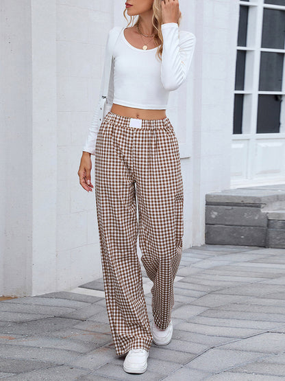 Elasticated Waist High Waisted Contrast Color Plaid Pockets Split-Joint Pants Trousers