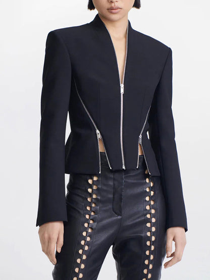 Long Sleeves Split-Joint Zipper V-neck Jackets Outerwear