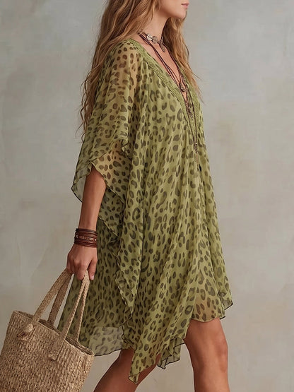 Batwing Sleeves Half Sleeves Asymmetric Contrast Color Leopard Ruffle Trim See-Through Deep V-Neck Mini Dresses