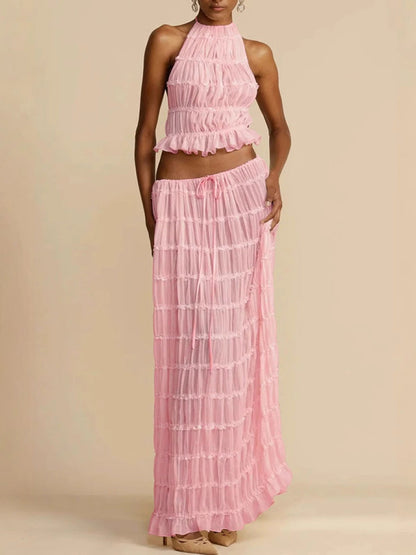 Pleated Solid Color Textured Halter-Neck Cropped Backless Ruffled Tank Top + Tied Waist High Waisted Skirts Bottoms Two Pieces Set