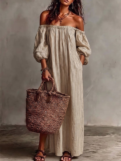 Striped Pockets Elastics Three-quarter Sleeves Plus Size Off-the-shoulder Midi Dresses