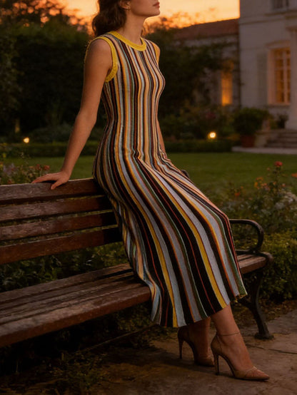 High Waisted Sleeveless Split-Joint Striped Round-Neck Midi Dresses