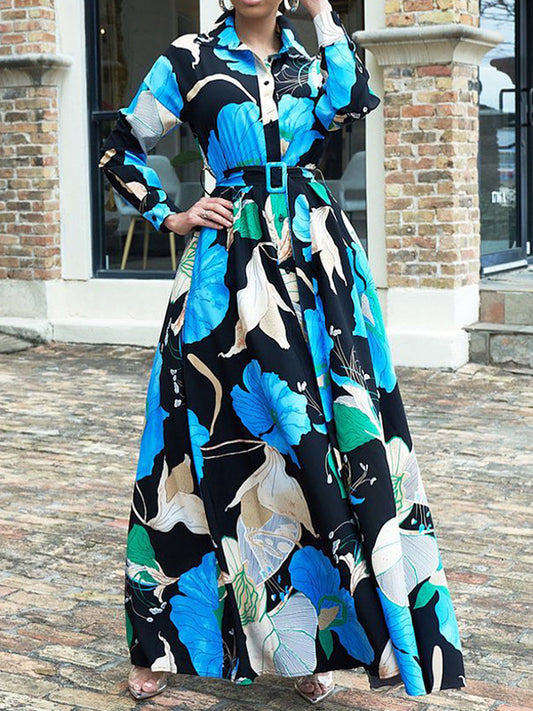A-Line High Waisted Belted Buttoned Flower Print Lapel Maxi Dresses