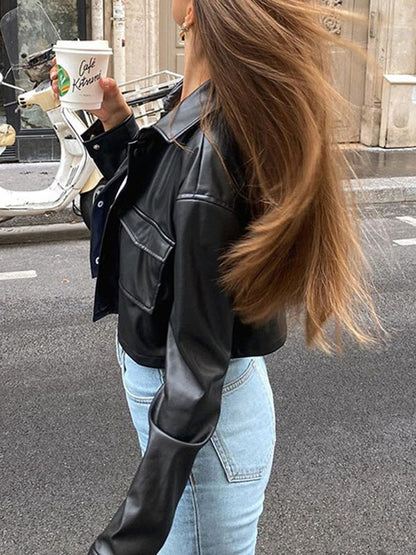 Long Sleeves Loose Split-Joint Lapel PU Jackets