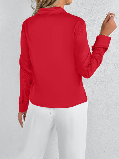 Long Sleeves Loose Solid Color Split-Joint Streamer Scarf Collar Blouses&Shirts Tops