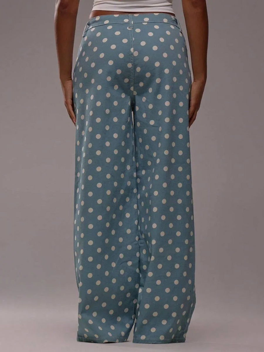 High Waisted Wide Leg Buttoned Contrast Color No Belt Polka Dot Zipper Pants Trousers