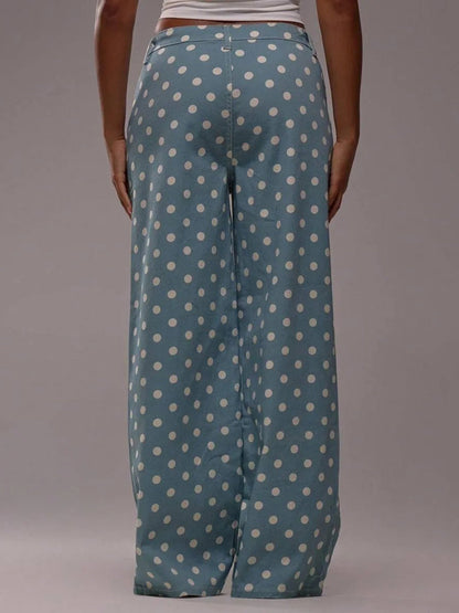 High Waisted Wide Leg Buttoned Contrast Color No Belt Polka Dot Zipper Pants Trousers
