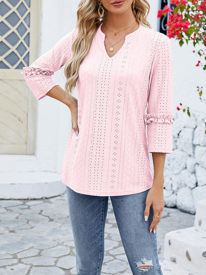 Loose Three-Quarter Sleeves Jacquard Solid Color V-Neck T-Shirts Tops