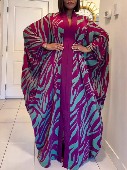 Batwing Sleeves Long Sleeves Contrast Color Printed Split-Front Split-Joint V-Neck Maxi Dresses