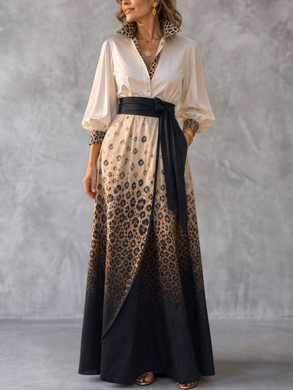 Leopard Gradient Flower Print Contrast Color Buttoned Bowknot Puff Sleeves Long Sleeves Lapel Maxi Dresses