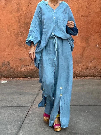 Loose Wide Leg Drawstring Solid Color Split-Front Split-Joint Pants Trousers