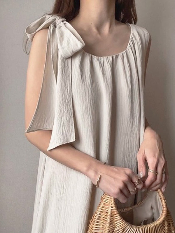 High Waisted Loose Pleated Solid Color Tied Round-Neck Maxi Dresses