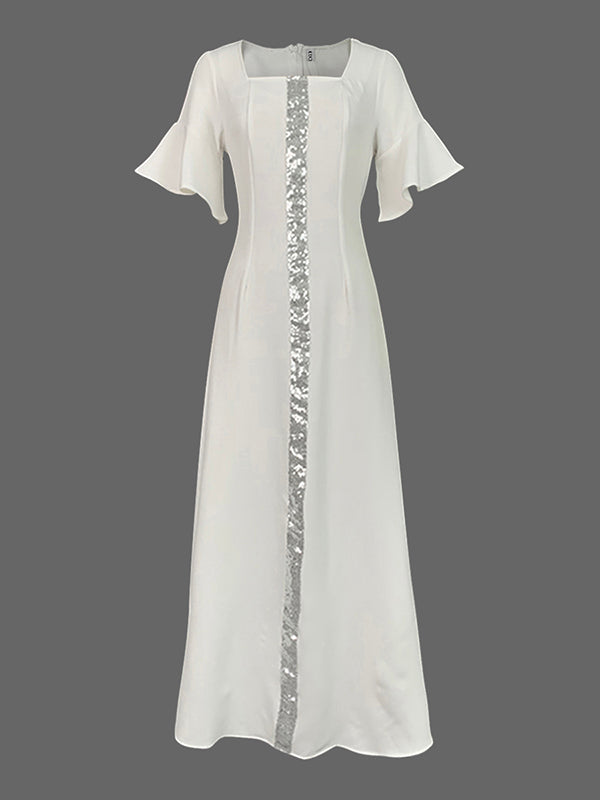 A-Line Flared Sleeves Shiny Solid Color Split-Joint Square-Neck Maxi Dresses