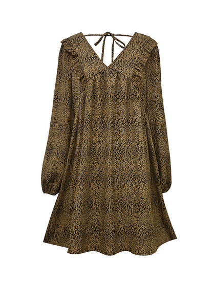 A-Line Bishop Sleeve Leopard Ruffled Tied V-Neck Mini Dresses
