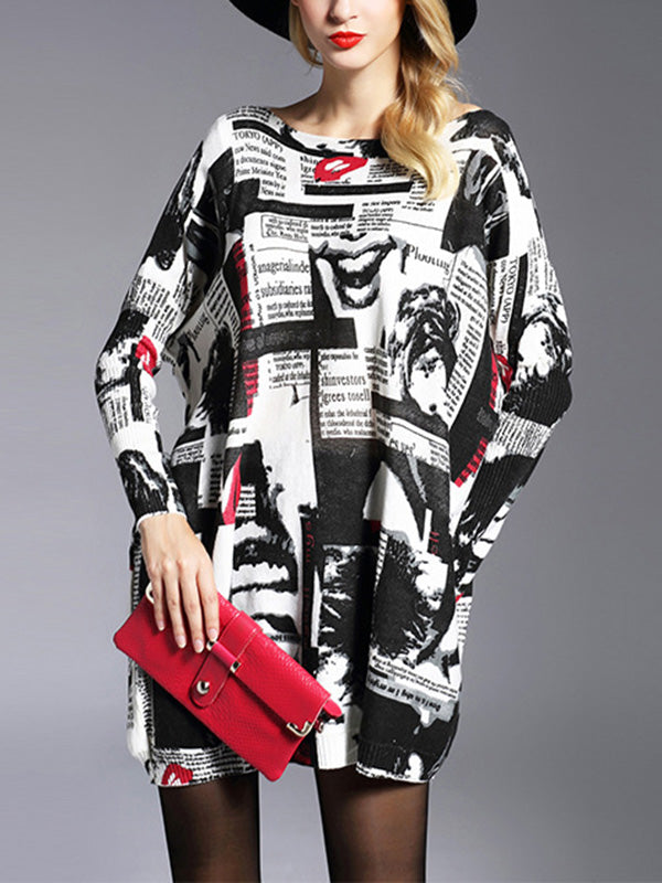 Long Sleeves Loose Letter Print Printed Round-Neck Knitwear Pullovers Sweater Tops