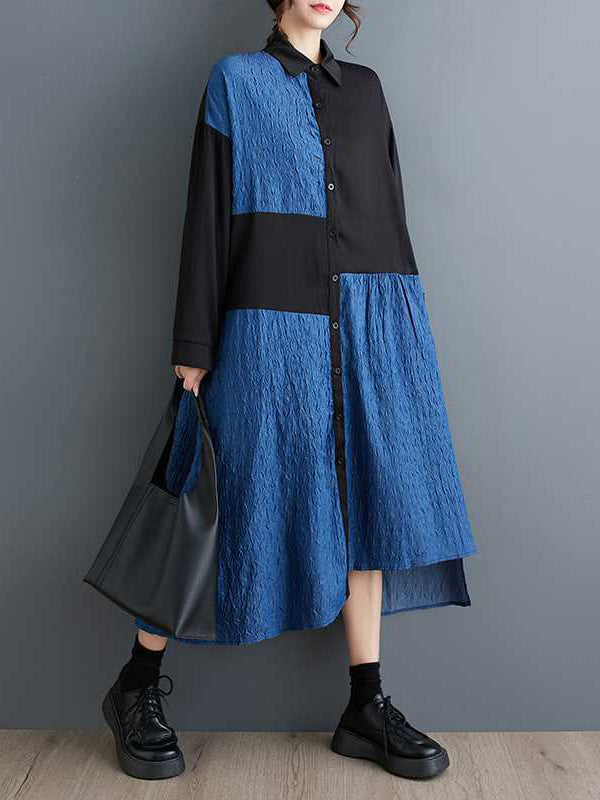 High-Low Long Sleeves Asymmetric Buttoned Split-Joint Lapel Midi Dresses