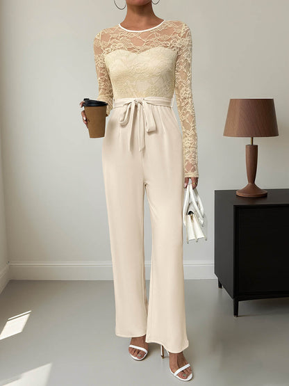 Column High Waisted See-Through Solid Color Split-Joint Tied Waist Round-Neck Jumpsuits