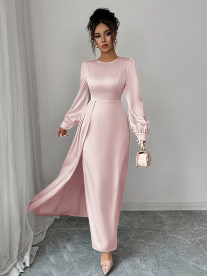 A-Line Elasticated Waist Asymmetric Pleated Solid Color Split-Joint Round-Neck Maxi Dresses