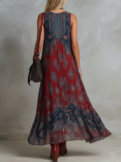 Loose Sleeveless Contrast Color Pleated Printed V-Neck Maxi Dresses