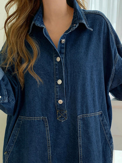 Long Sleeves Loose Buttoned Pockets Solid Color Split-Joint Split-Side Lapel Maxi Dresses Shirt Dress