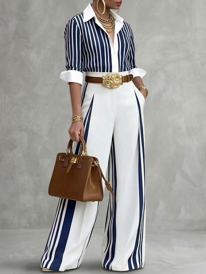 High Waisted Wide Leg Contrast Color No Belt Pockets Pants Trousers