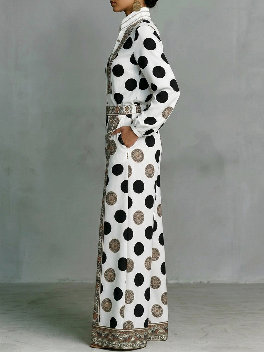 High Waisted Wide Leg Contrast Color Elasticity Pockets Polka Dot Printed Pants Trousers