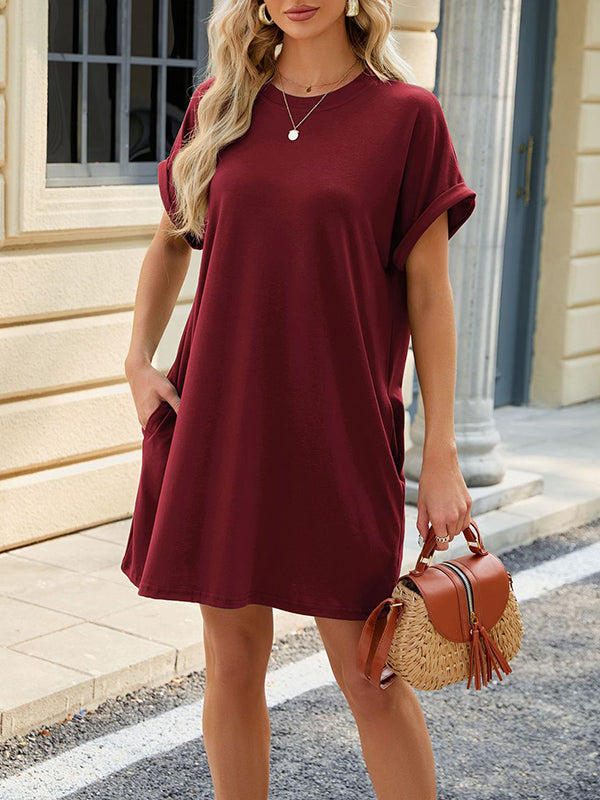 Raglan Sleeve Solid Color Split-Joint Round-Neck Mini Dresses