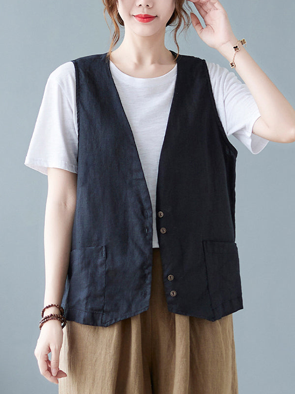 Simple Loose V-Neck Solid Color Vest